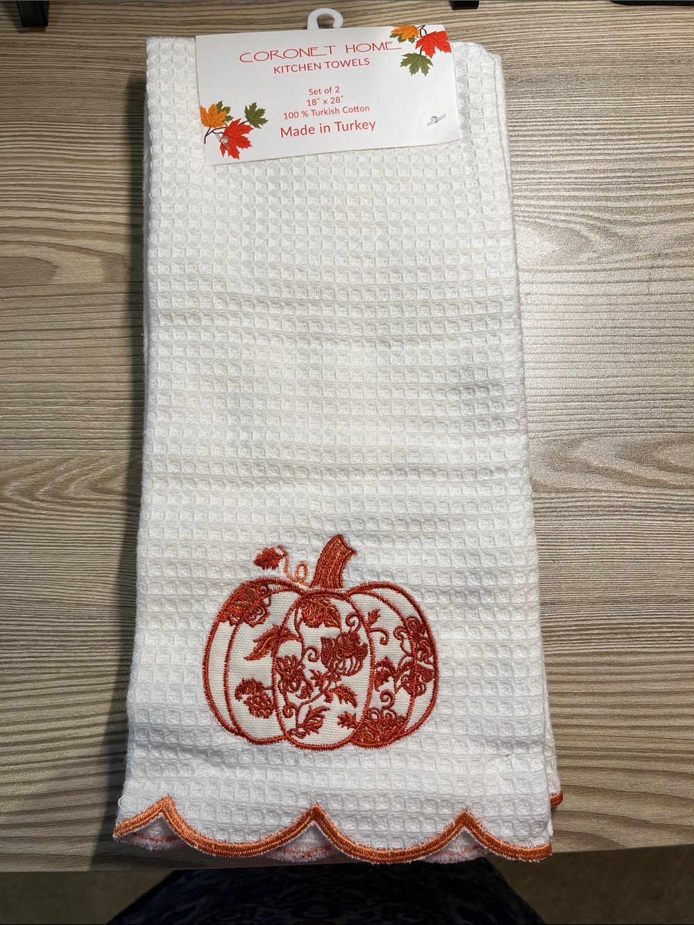 White Cotton Kitchen Towels with Orange Pumpkin Motif